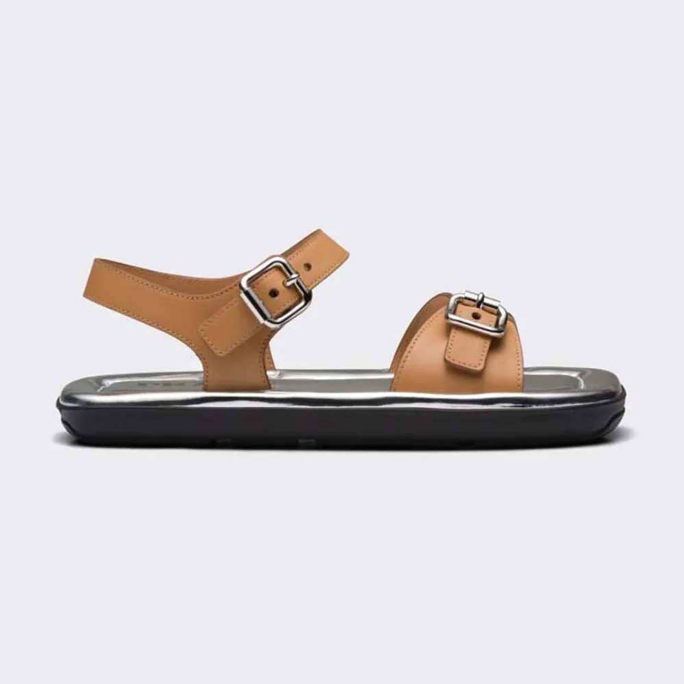 Prada Flat Rectangular Leather Sandals for Women in Brown Prada Flat Rectangular Leather Sandals for Women in Brown