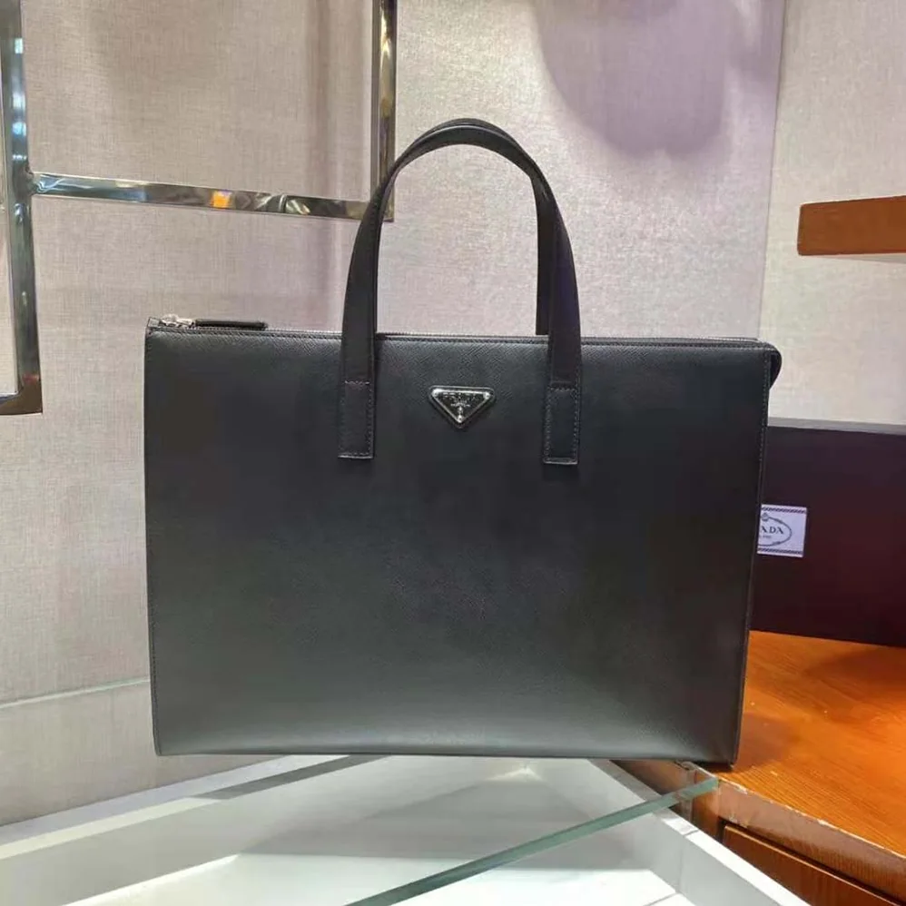 Prada Saffiano Leather Tote with a Crosshatch Pattern and Wax Finish for Men in Black
