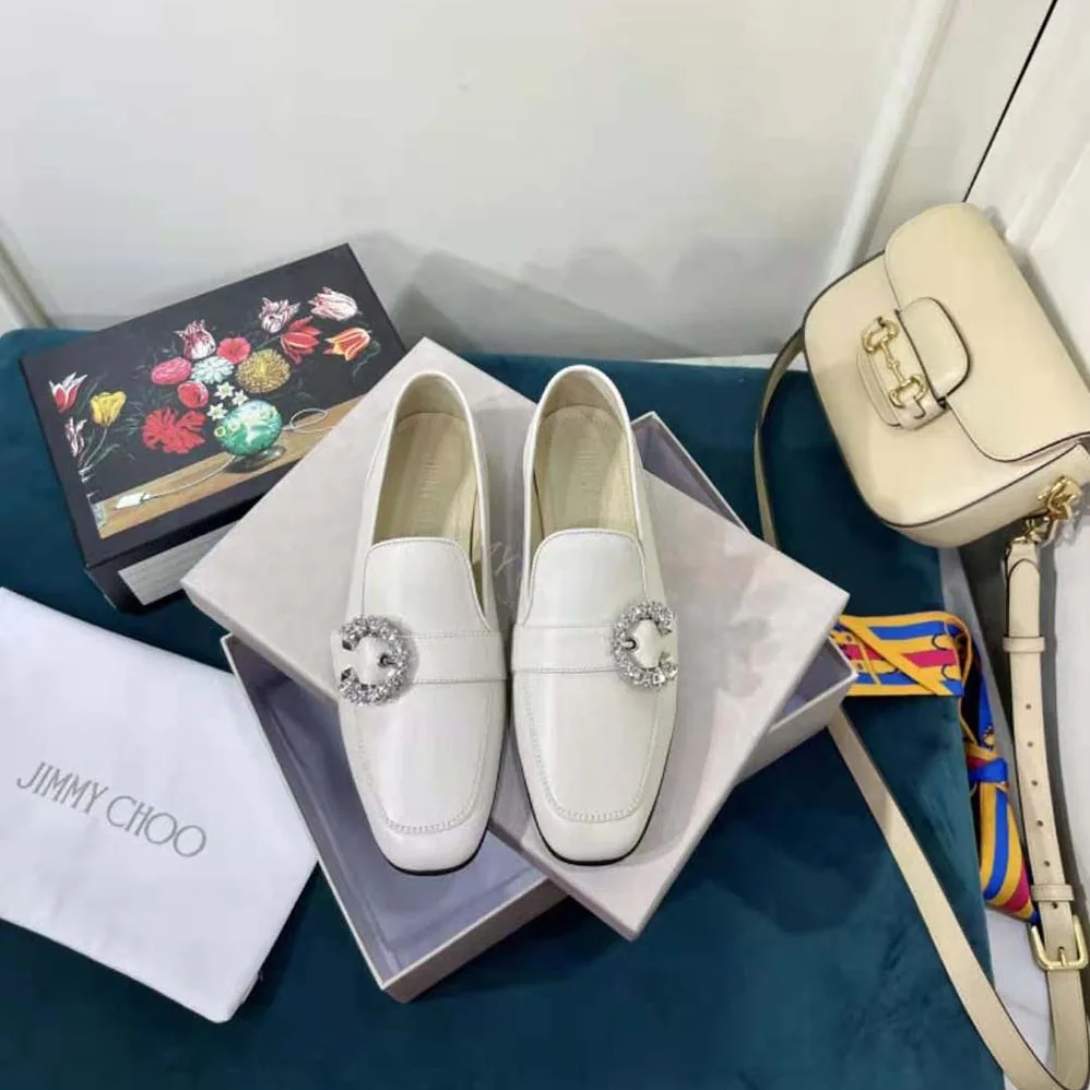 Jimmy Choo Mani Flat Latte Nappa Leather Loafers with Crystal Buckle for Women Jimmy Choo Mani Flat Latte Nappa Leather Loafers with Crystal Buckle for Women