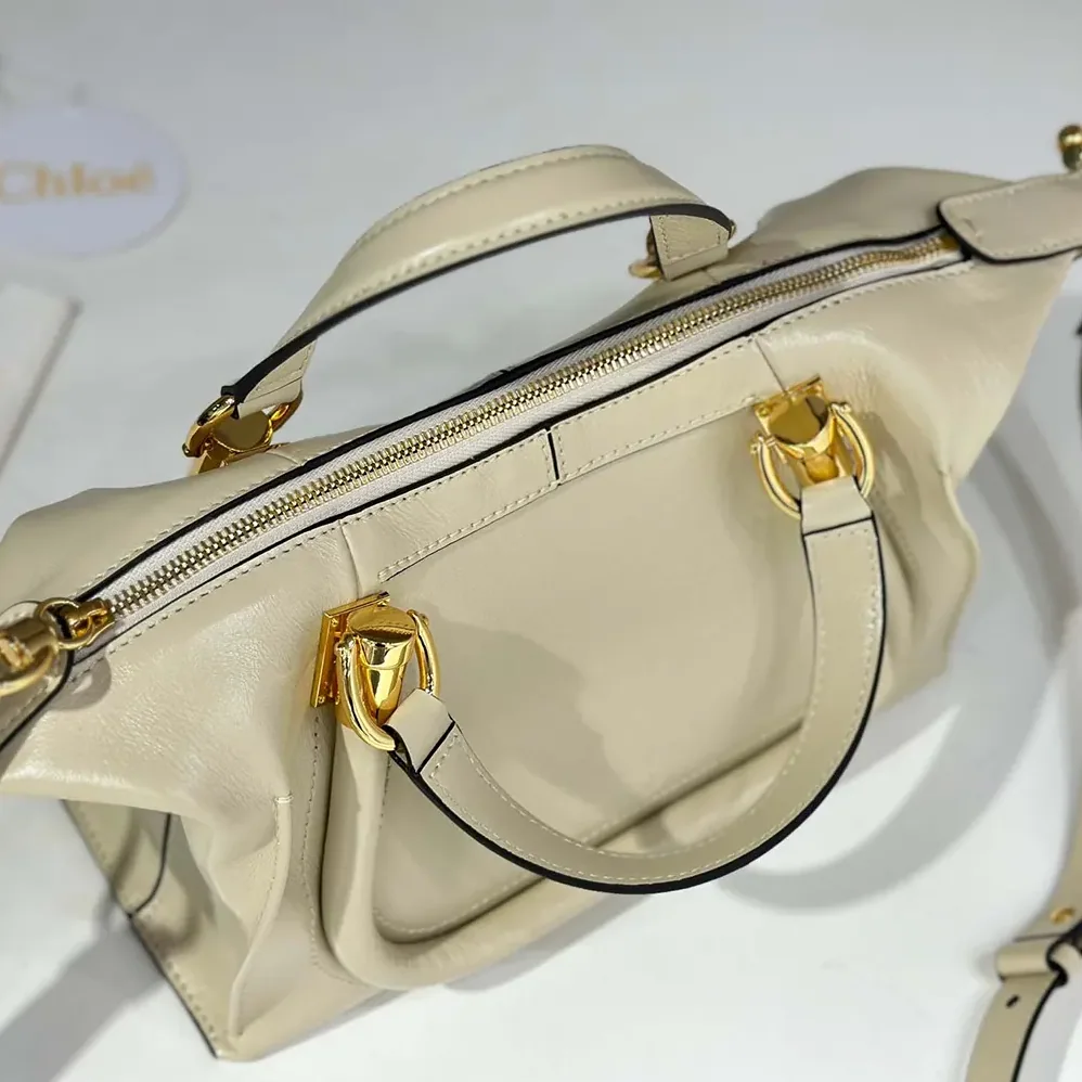 Chloe Small Paraty 24 Bag in Shiny Leather for Women in Beige
