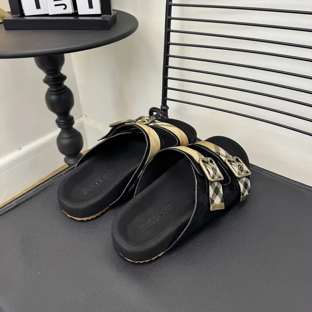 Burberry Check Suede Urchin Sandals for Unisex in Black Burberry Check Suede Urchin Sandals for Unisex in Black