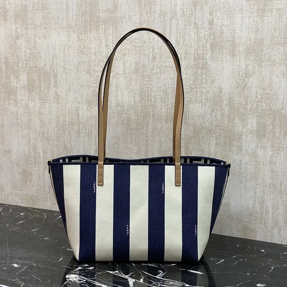 Fendi Small Roll Reversible Shopper in Pequin Striped and Midnight Blue FF Fabric for Women Fendi Small Roll Reversible Shopper in Pequin Striped and Midnight Blue FF Fabric for Women
