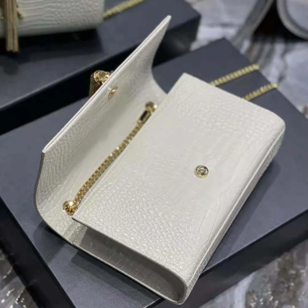 Saint Laurent YSL Kate Medium with Tassel in Crocodile-Embossed Shiny Leather for Women in White Saint Laurent YSL Kate Medium with Tassel in Crocodile-Embossed Shiny Leather for Women in White