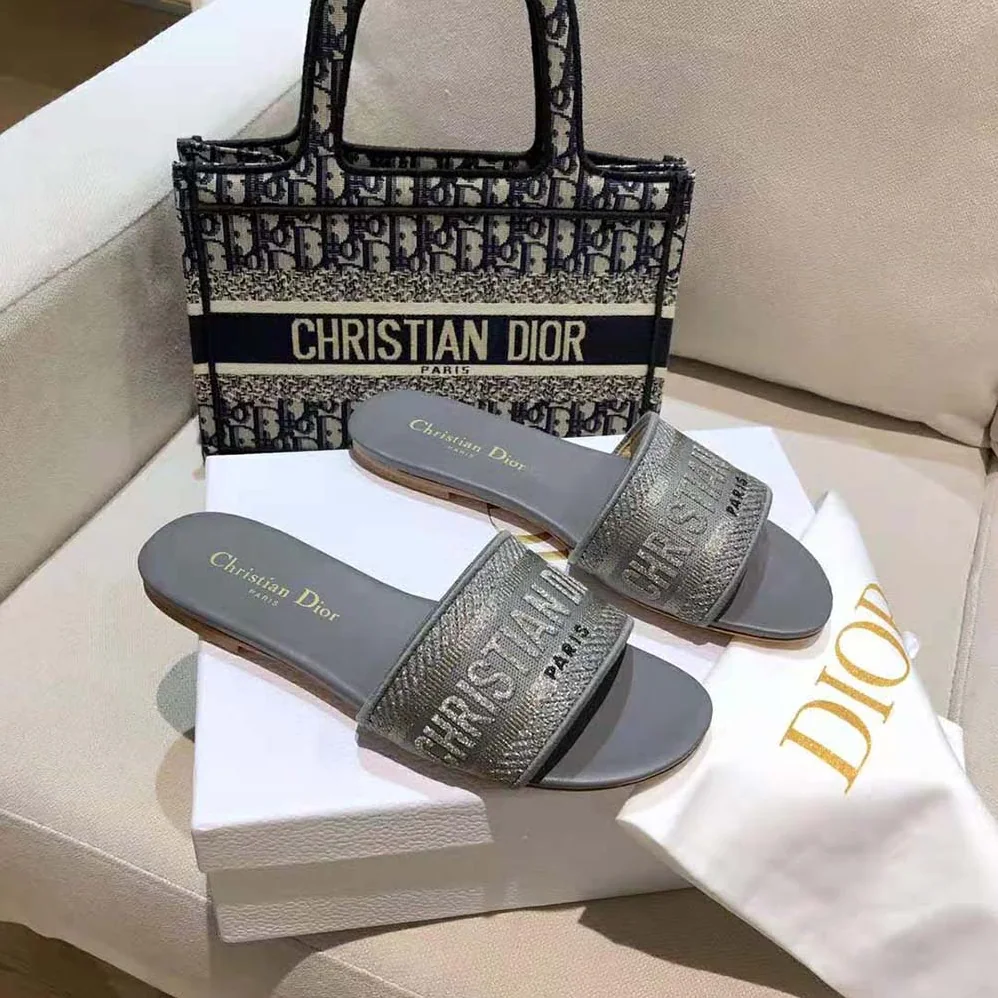 Dior Dway Slide Silver for Women in Tone Embroidered Metallic Fabric Dior Dway Slide Silver for Women in Tone Embroidered Metallic Fabric