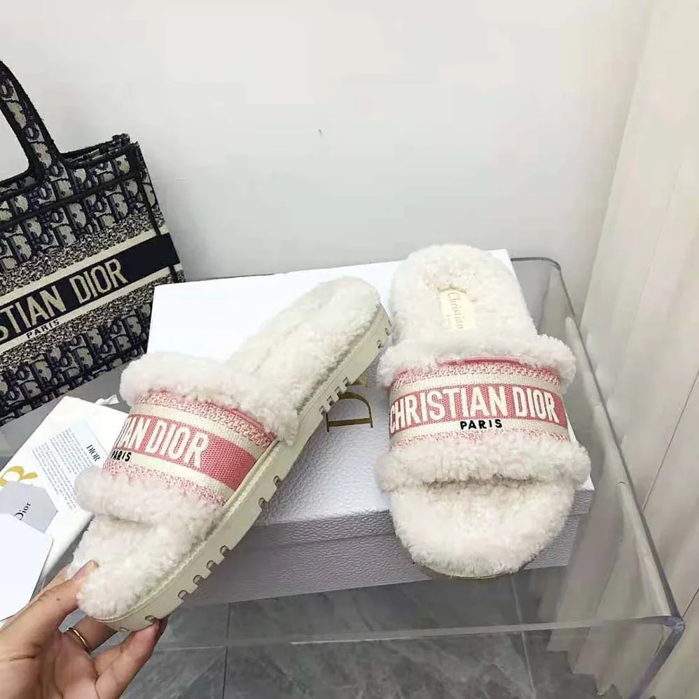 Dior Dway Slide Peony Pink Embroidered Cotton and White Shearling for Women