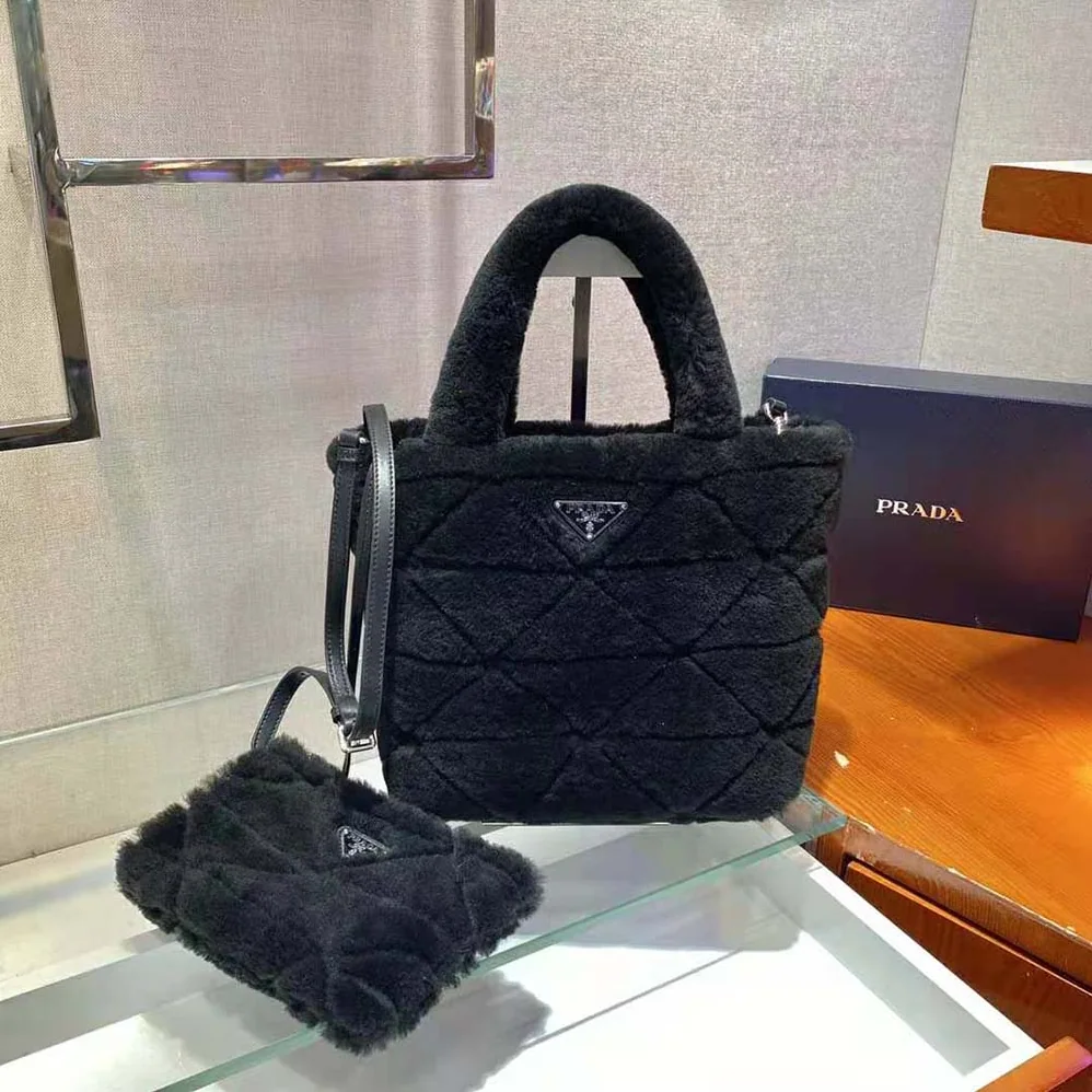 Prada Iconic Triangle Logo Soft Shearling Tote for Women in Black Prada Iconic Triangle Logo Soft Shearling Tote for Women in Black