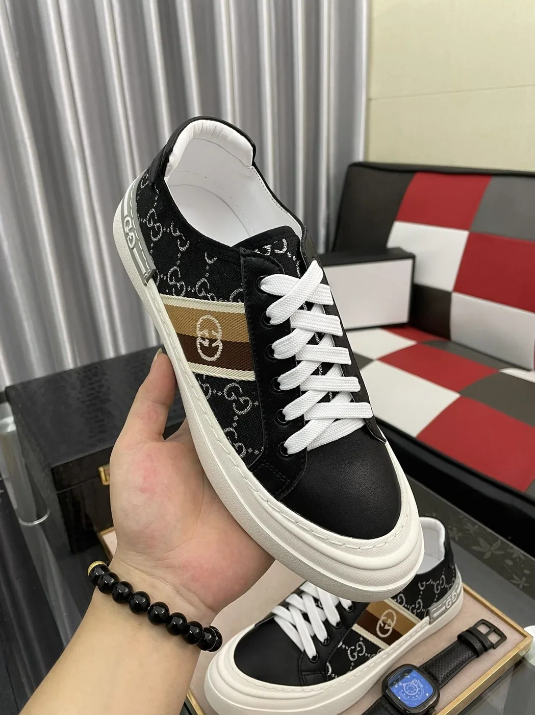 Gucci GG Embroidery Sneaker With Web Black for Men Gucci GG Embroidery Sneaker With Web Black for Men