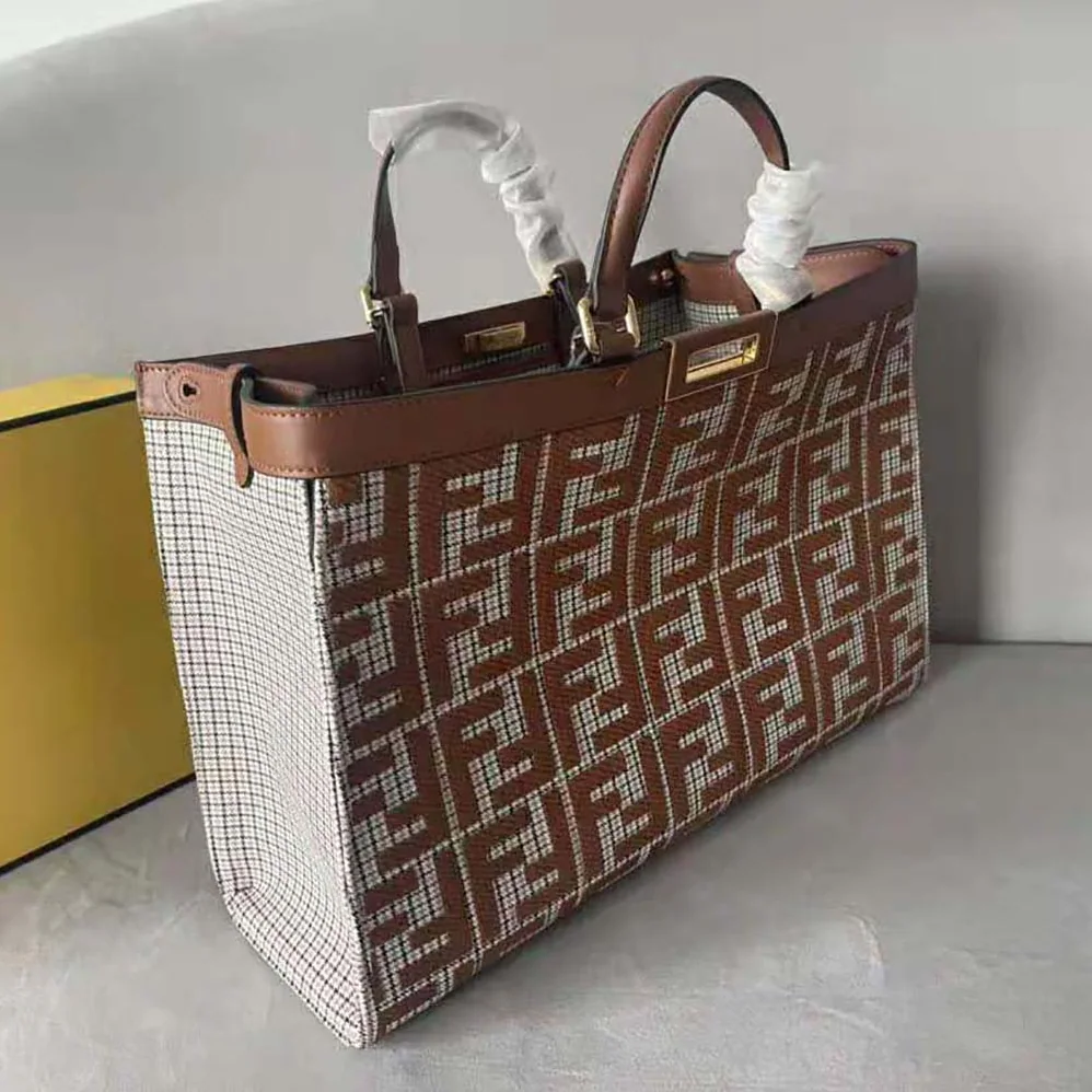 Fendi X-Tote Brown Houndstooth Wool Shopper with FF Embroidery for Women