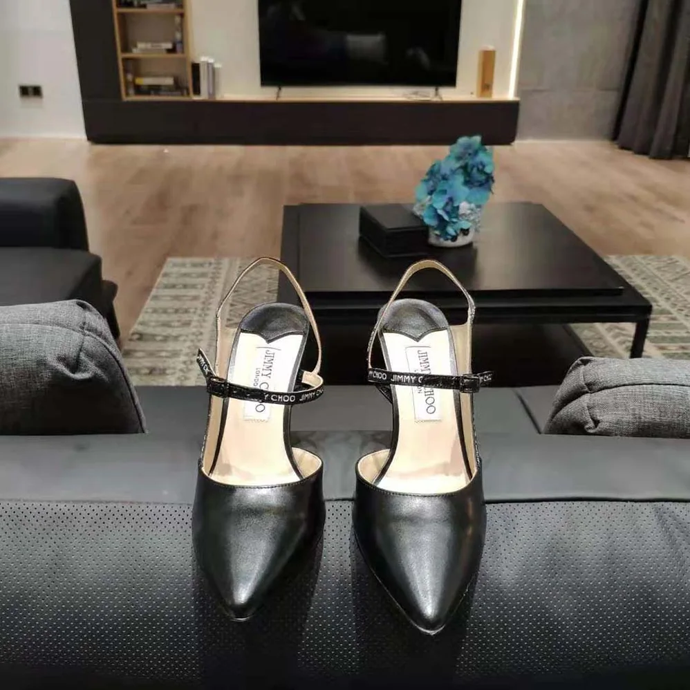 Jimmy Choo Ray 65 Black Nappa Leather Pointed Pumps with Logo for Women in Woven Ribbon