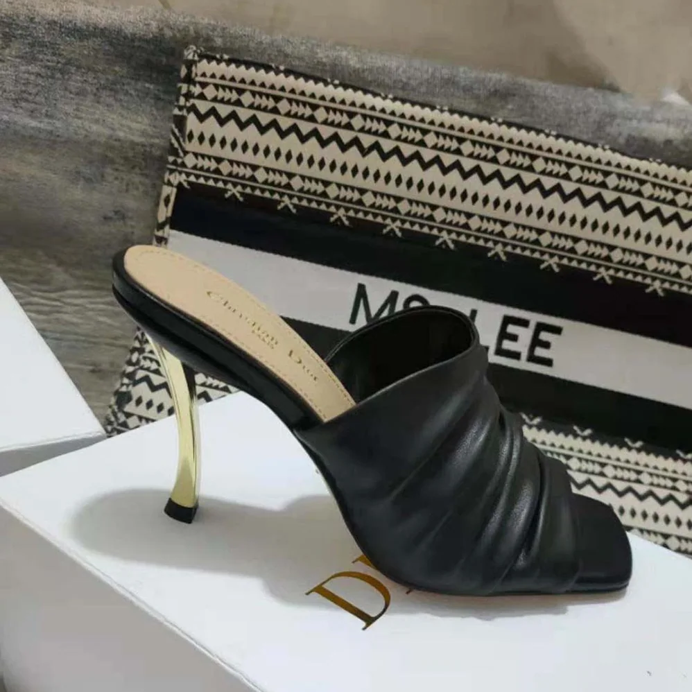 Dior D-Fame Heeled Sandal Black Pleated Lambskin for Women