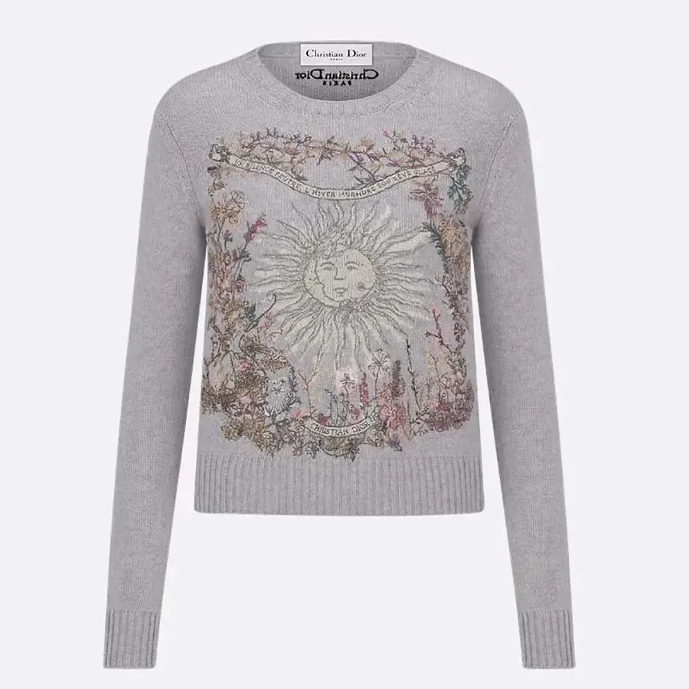 Dior Embroidered Sweater Gray Cashmere Knit with Multicolor Dior 4 Saisons Hiver Motif for Women
