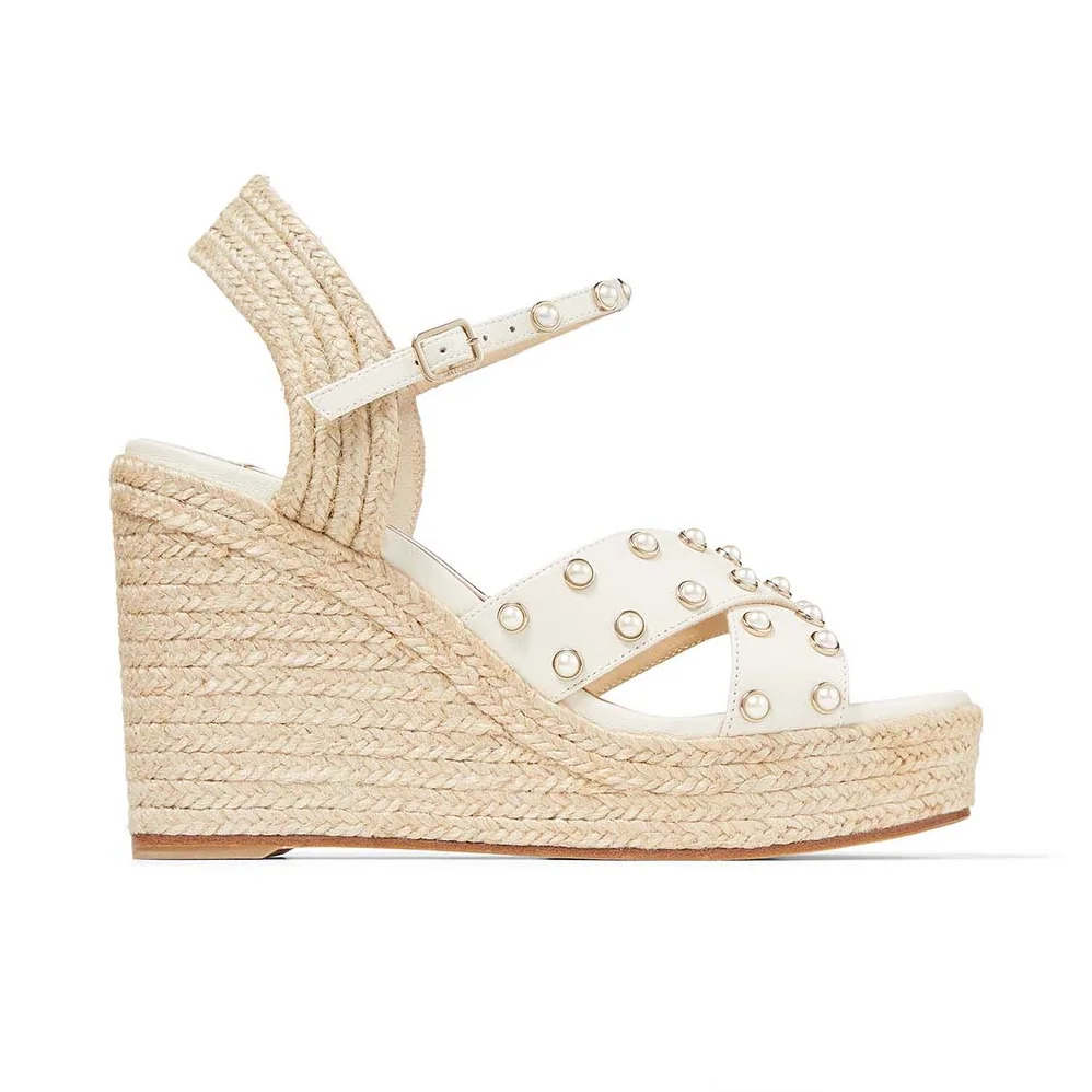 Jimmy Choo Dellena 100 Latte Nappa Wedges with Pearls for Women Jimmy Choo Dellena 100 Latte Nappa Wedges with Pearls for Women