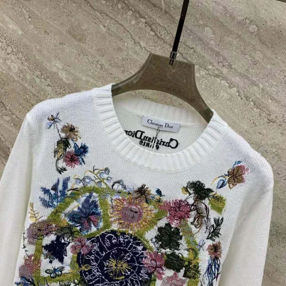 Dior Embroidered Sweater White Cashmere Knit with Multicolor Tarot La Roue de la Fortune Motif for Women