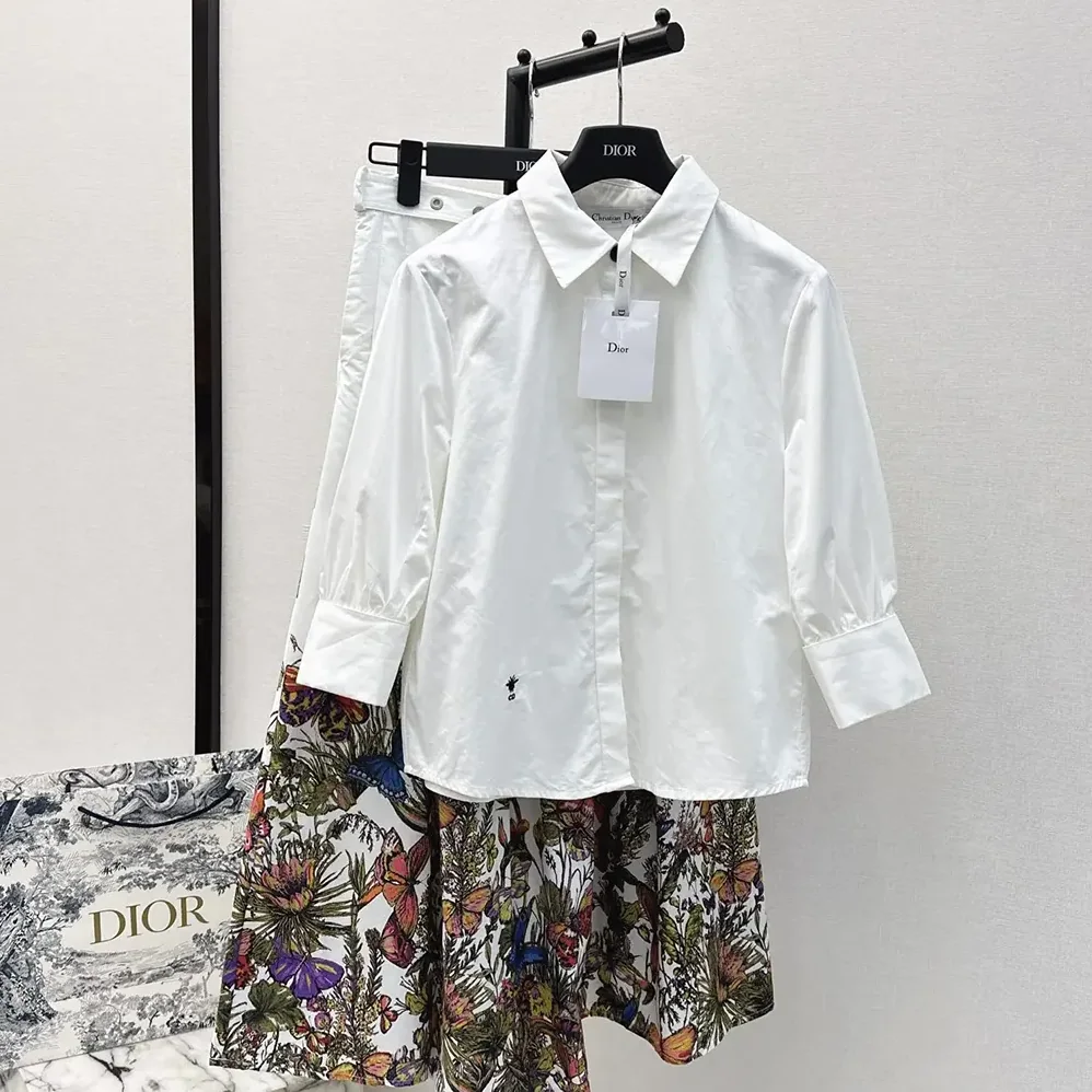 Dior Blouse with Puff Sleeves White Cotton Poplin for Women
