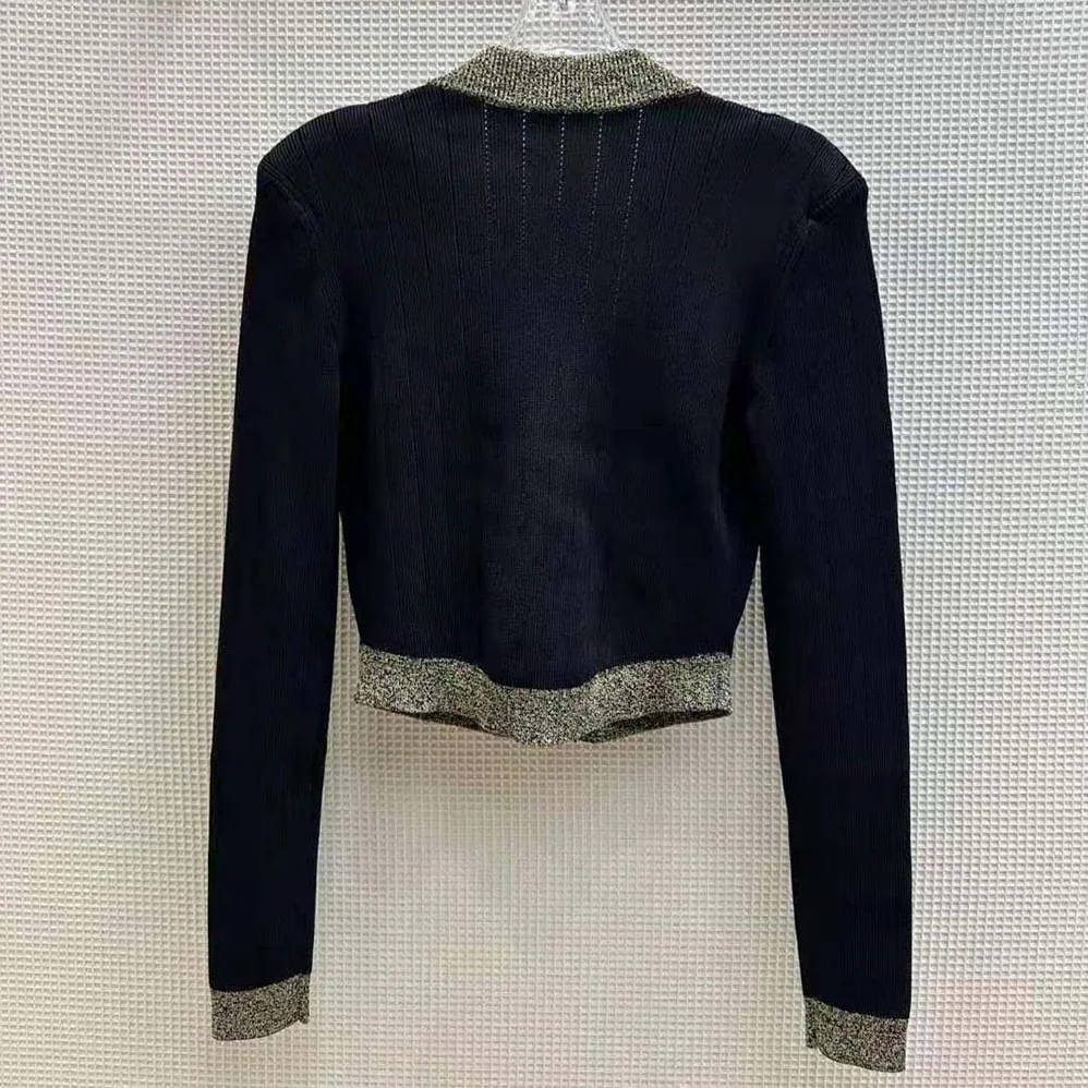 Balmain Cropped Knit Cardigan with Gold Trim for Women