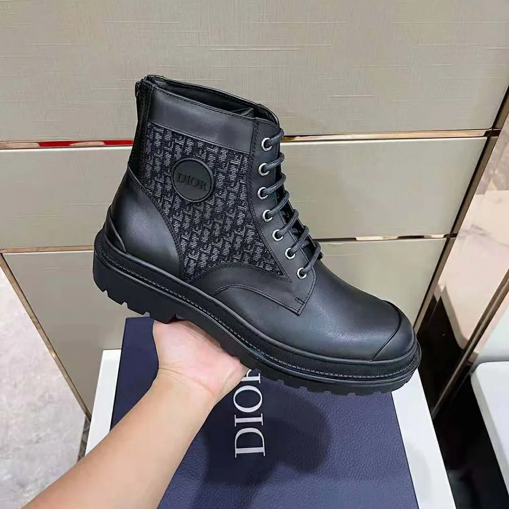 Dior Explorer Ankle Boot Black Smooth Calfskin and Dior Oblique Jacquard for Men