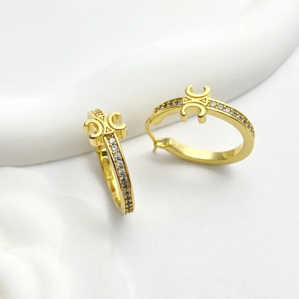 Celine Triomphe Sparkle Hoops in Strass and Brass with Gold Finish for Women