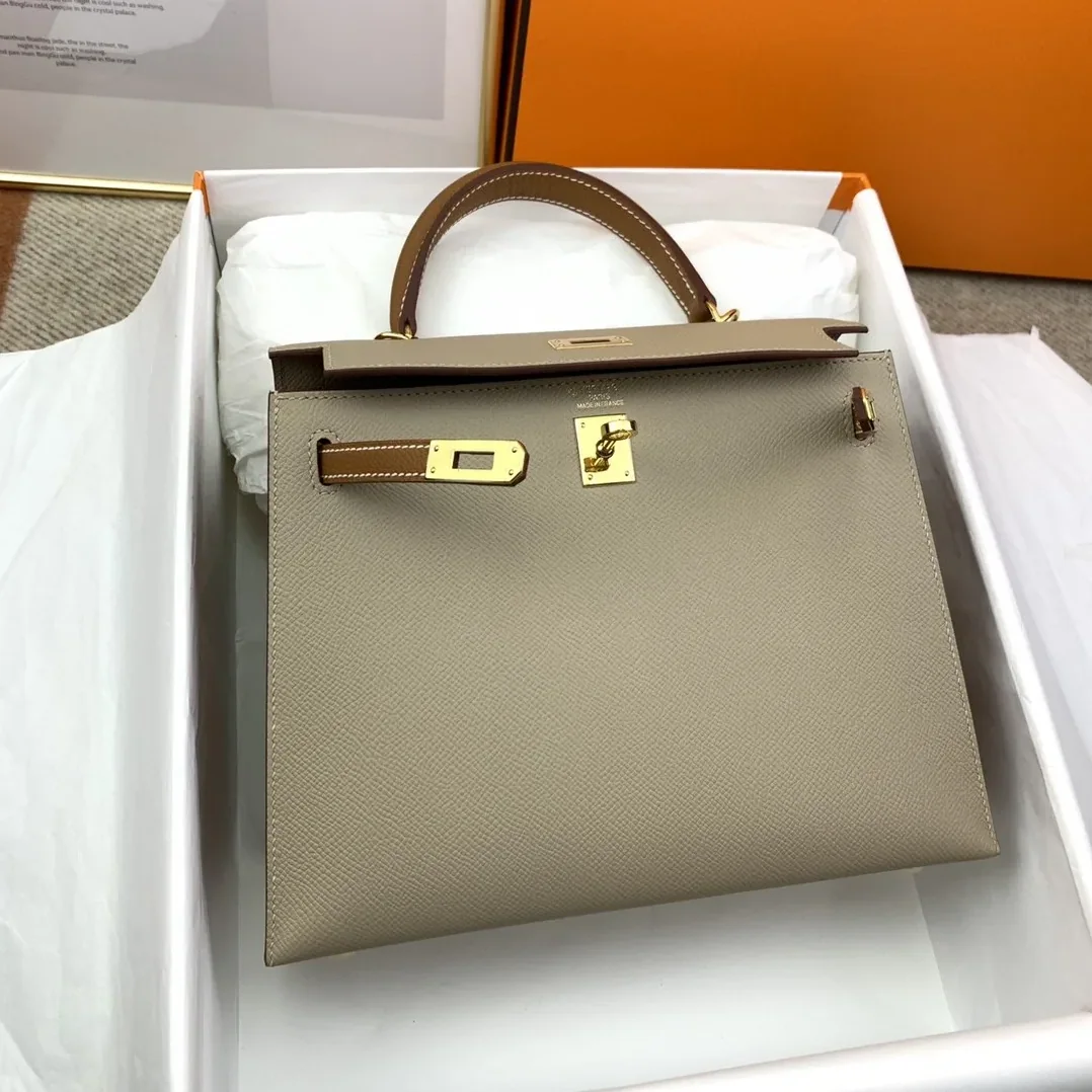 Hermes Kelly 25 Sellier Epsom Greige in Brown Bag