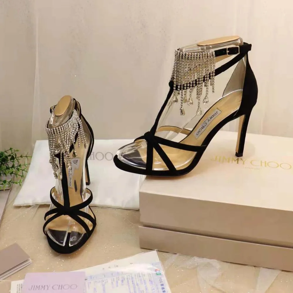Jimmy Choo Bijou 100 Black Suede Sandals with Crystal Drape for Women