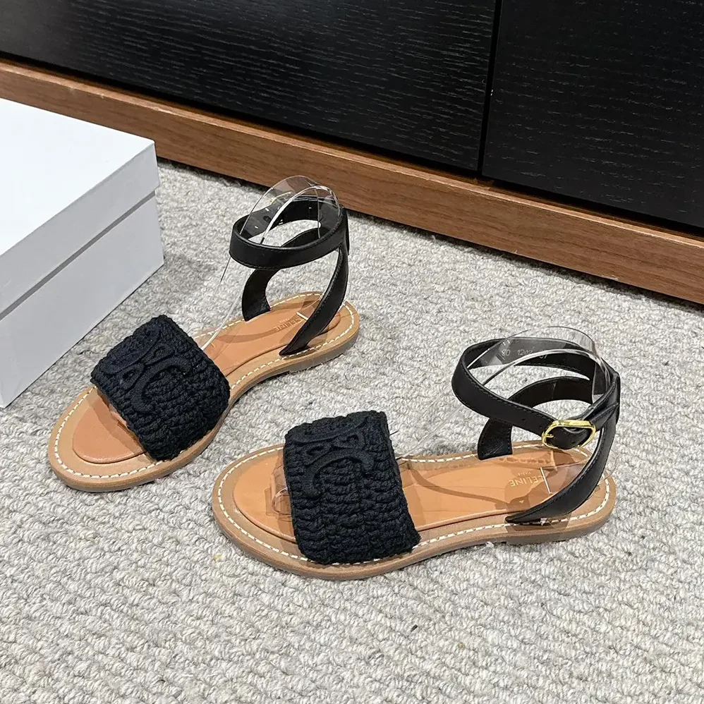 Celine Lympia Sandal in Triomphe Maccramé Cotton & Calfskin for Women in Black Celine Lympia Sandal in Triomphe Maccramé Cotton & Calfskin for Women in Black