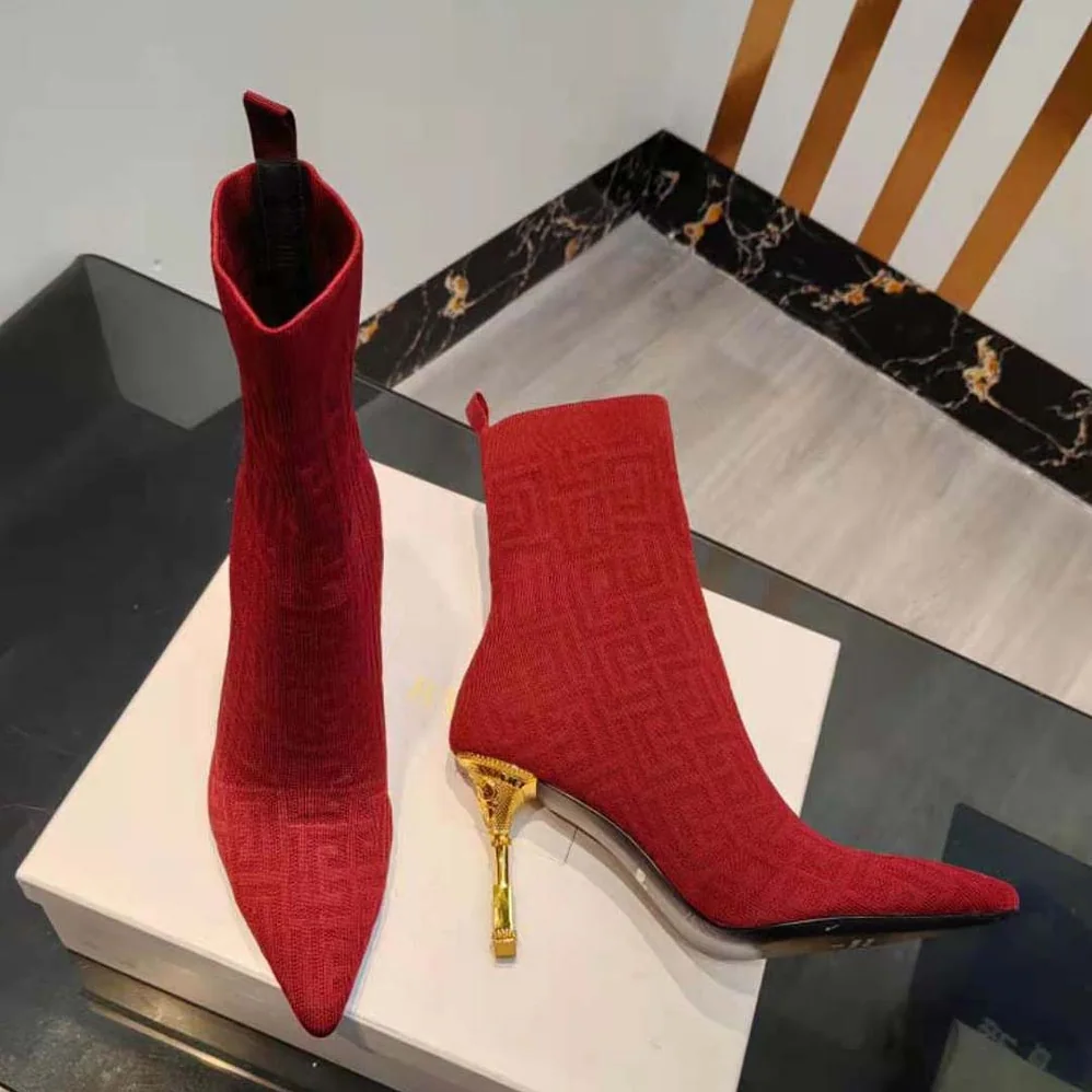 Balmain Moneta Monogrammed Knit Ankle Boots with Engraved Heel for Women in Red
