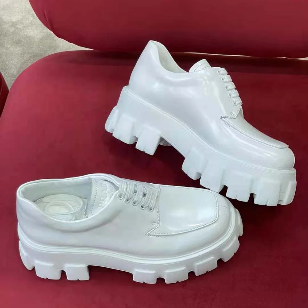 Prada Monolith Brushed Leather Lace-up Shoes for Women in White Prada Monolith Brushed Leather Lace-up Shoes for Women in White
