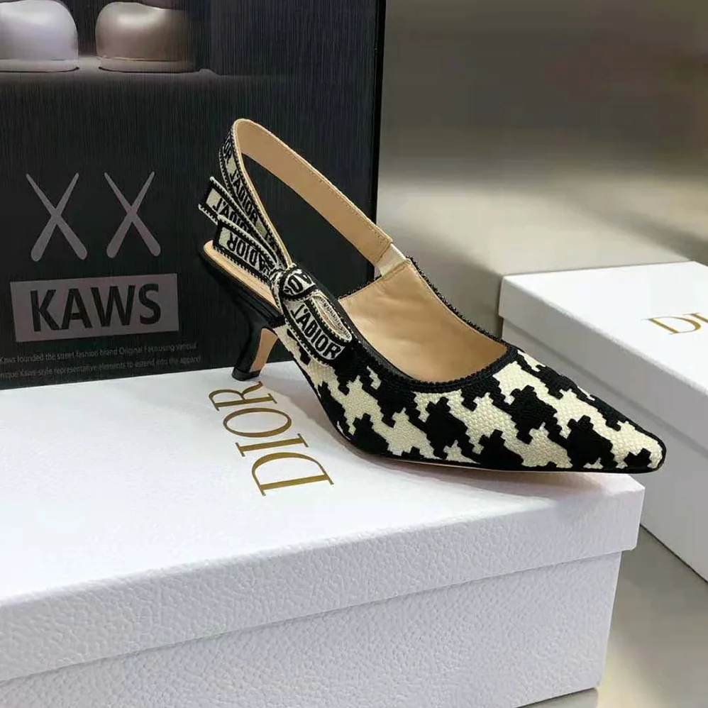 Dior J'Adior Slingback Pump Black and White Cotton Embroidery for Women Dior J'Adior Slingback Pump Black and White Cotton Embroidery for Women