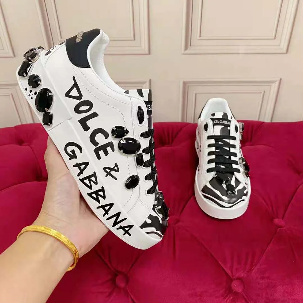 Dolce Gabbana D&G Calfskin Portofino Sneakers with Embroidery for Unisex