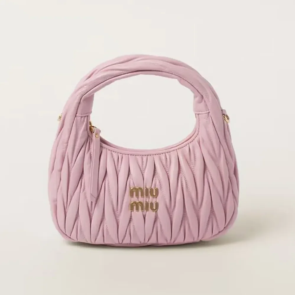 Miu Miu Wander Matelassé Nappa Leather Hobo Bag for Women in Alabaster Pink Miu Miu Wander Matelassé Nappa Leather Hobo Bag for Women in Alabaster Pink