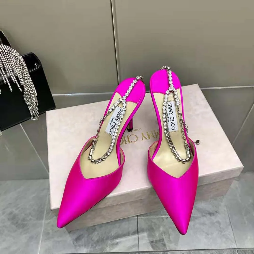 Jimmy Choo Saeda 100 Fuchsia Satin Pumps with Crystal Embellishment for Women Jimmy Choo Saeda 100 Fuchsia Satin Pumps with Crystal Embellishment for Women