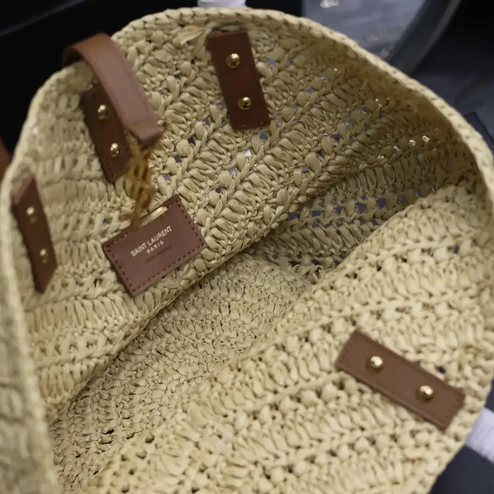 Saint Laurent YSL Panier Small in Raffia and Vegetable for Women in tanned Leather