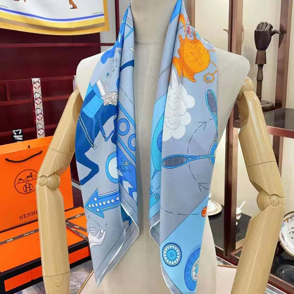 Hermes Tea for Two Scarf 90 in Silk Twill with Hand-Rolled Edges for Women in Blue Hermes Tea for Two Scarf 90 in Silk Twill with Hand-Rolled Edges for Women in Blue