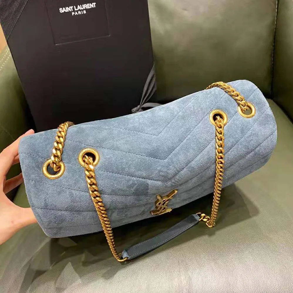 Saint Laurent YSL Loulou Medium Chain Bag in “Y”-Quilted Suede for Women in Silver Saint Laurent YSL Loulou Medium Chain Bag in “Y”-Quilted Suede for Women in Silver