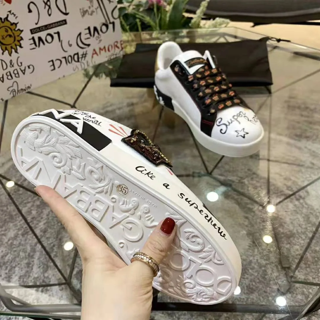 Dolce Gabbana D&G Portofino Sneakers in Printed Nappa Calfskin with Patch for Men in Black