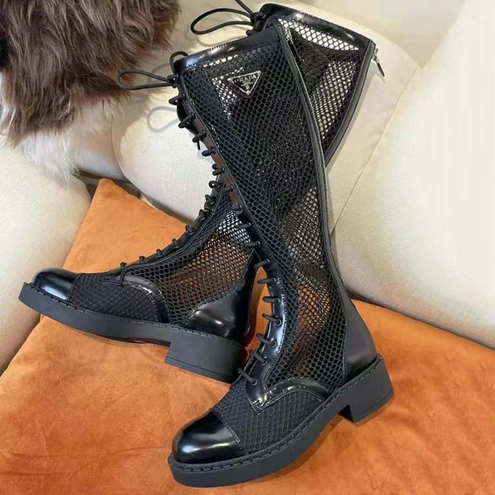 Prada Brushed Leather and Mesh Boots for Women in Black