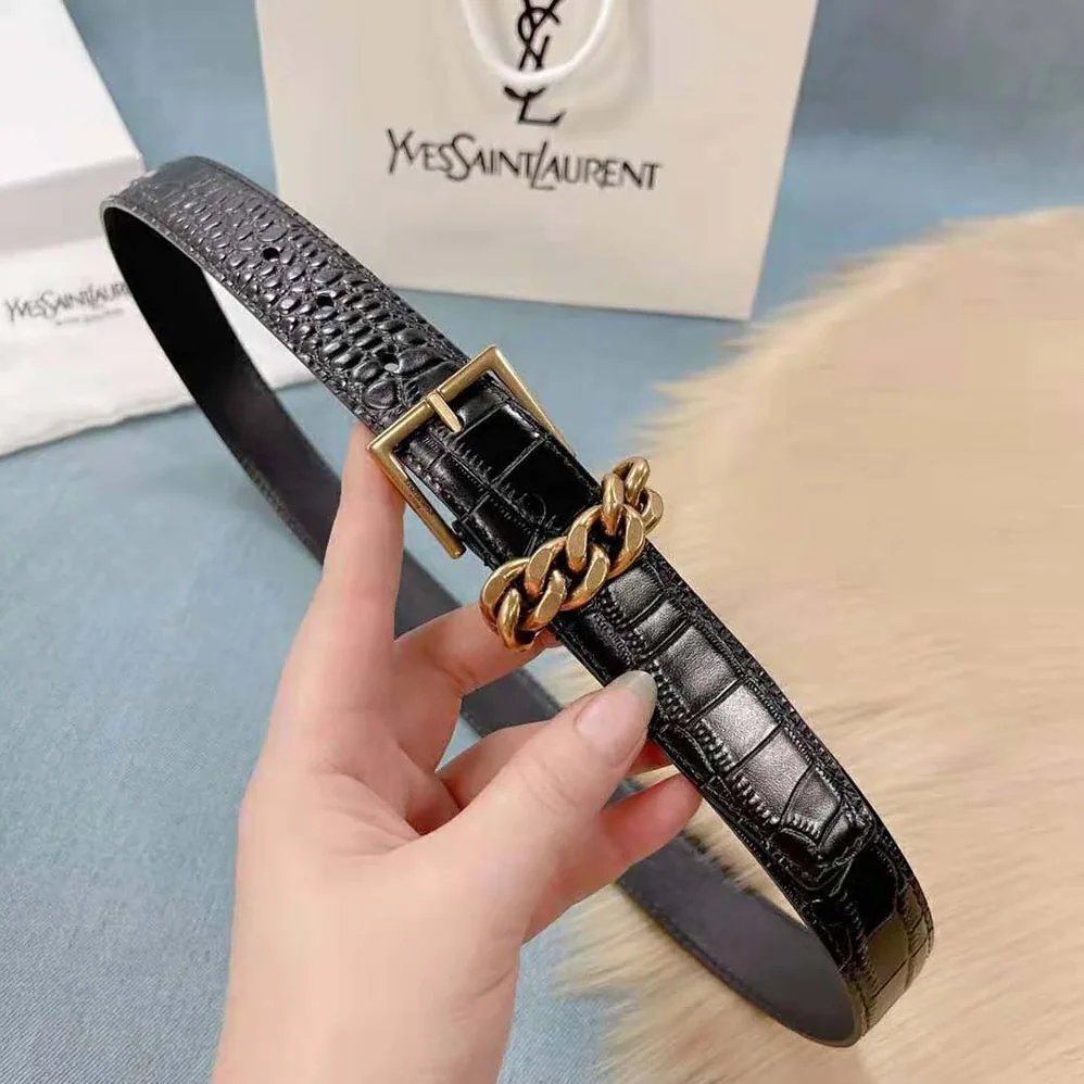 Saint Laurent YSL Chain-loop Narrow Belt with Square Buckle in Lacquered Python for Women