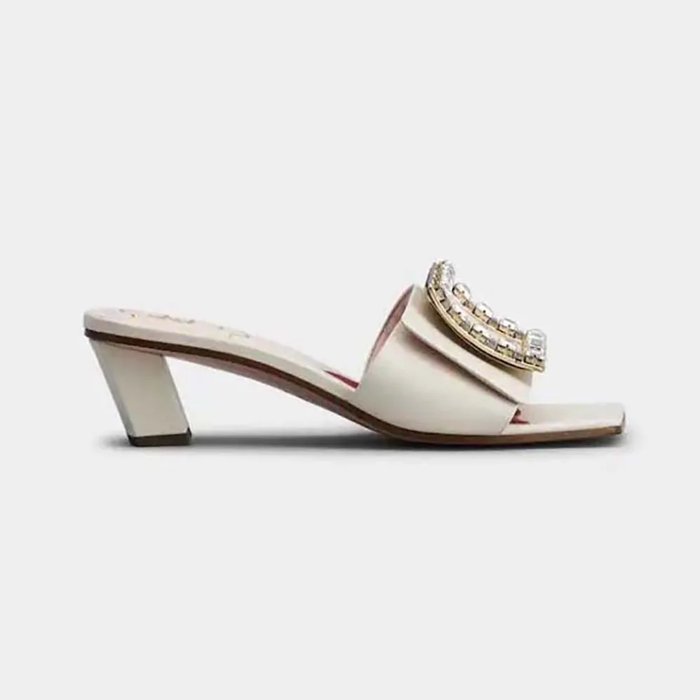 Roger Vivier Biki Love Strass Buckle Mules in Leather for Women in White Roger Vivier Biki Love Strass Buckle Mules in Leather for Women in White