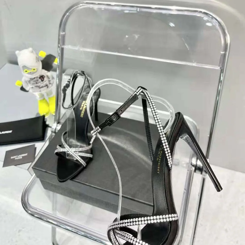 Saint Laurent YSL Ava Sandals in Crepe Satin with Rhinestones for Women