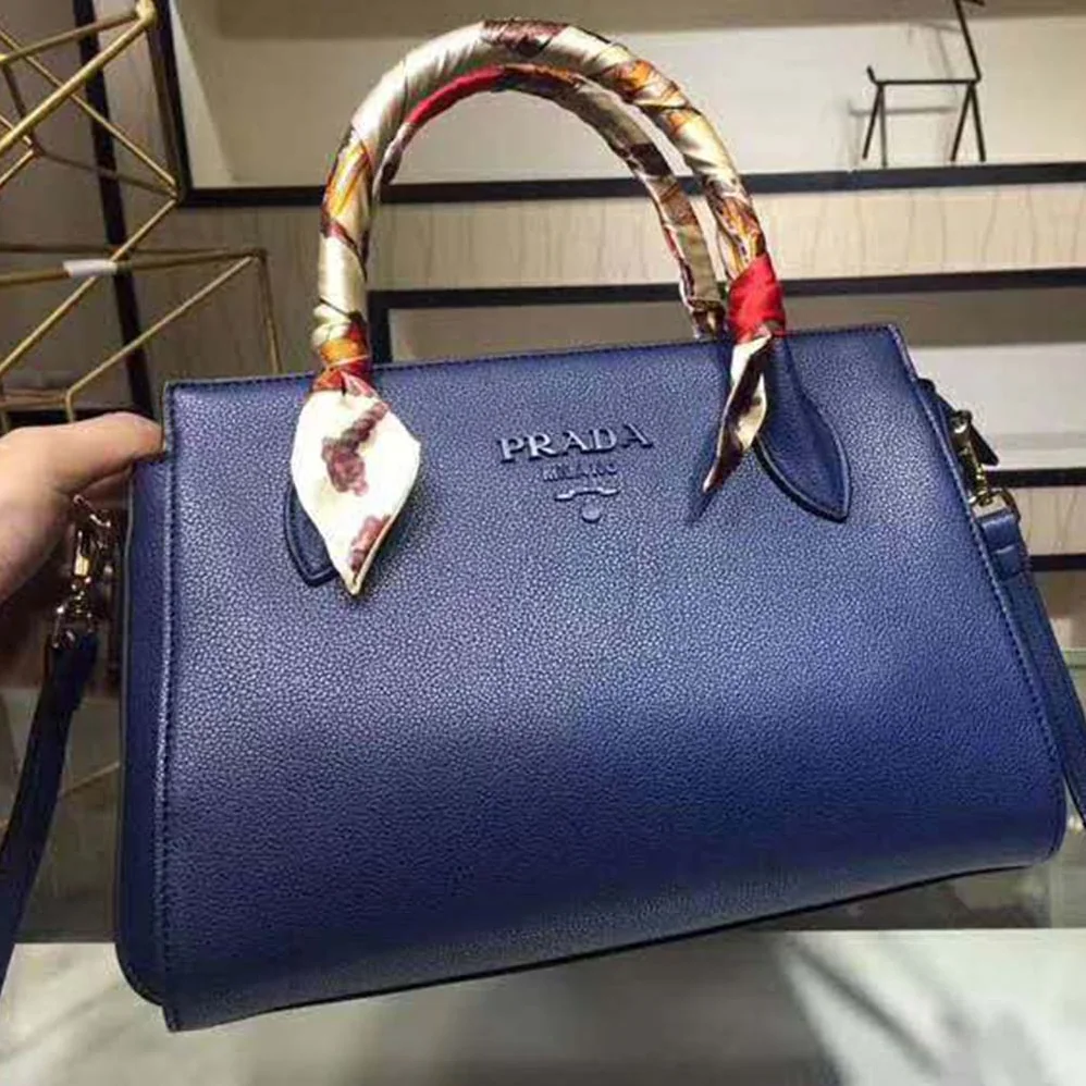 Prada Monochrome Handbag In Saffiano And Calf Leather in Navy Prada Monochrome Handbag In Saffiano And Calf Leather in Navy