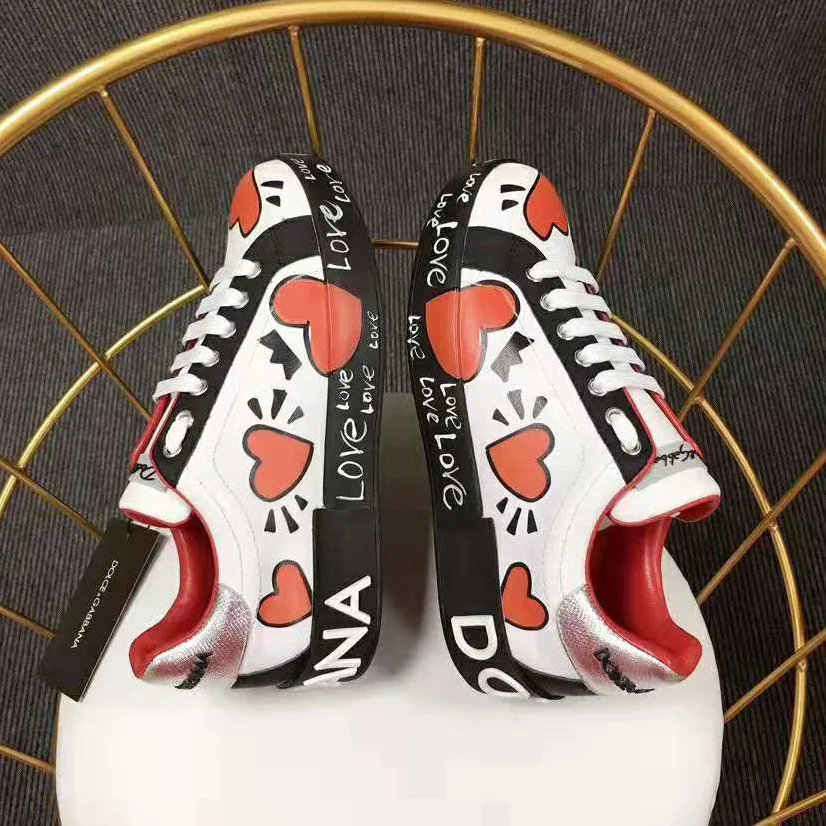 Dolce Gabbana D&G Calfskin Nappa Portofino Sneakers with Heart Print for Women in Red