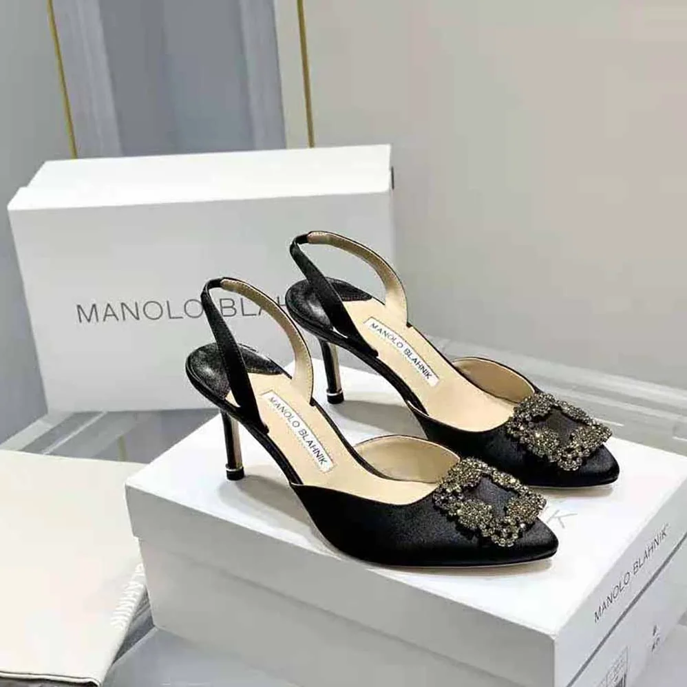Manolo Blahnik Black Satin Jewel Buckle Slingback Pumps for Women Manolo Blahnik Black Satin Jewel Buckle Slingback Pumps for Women