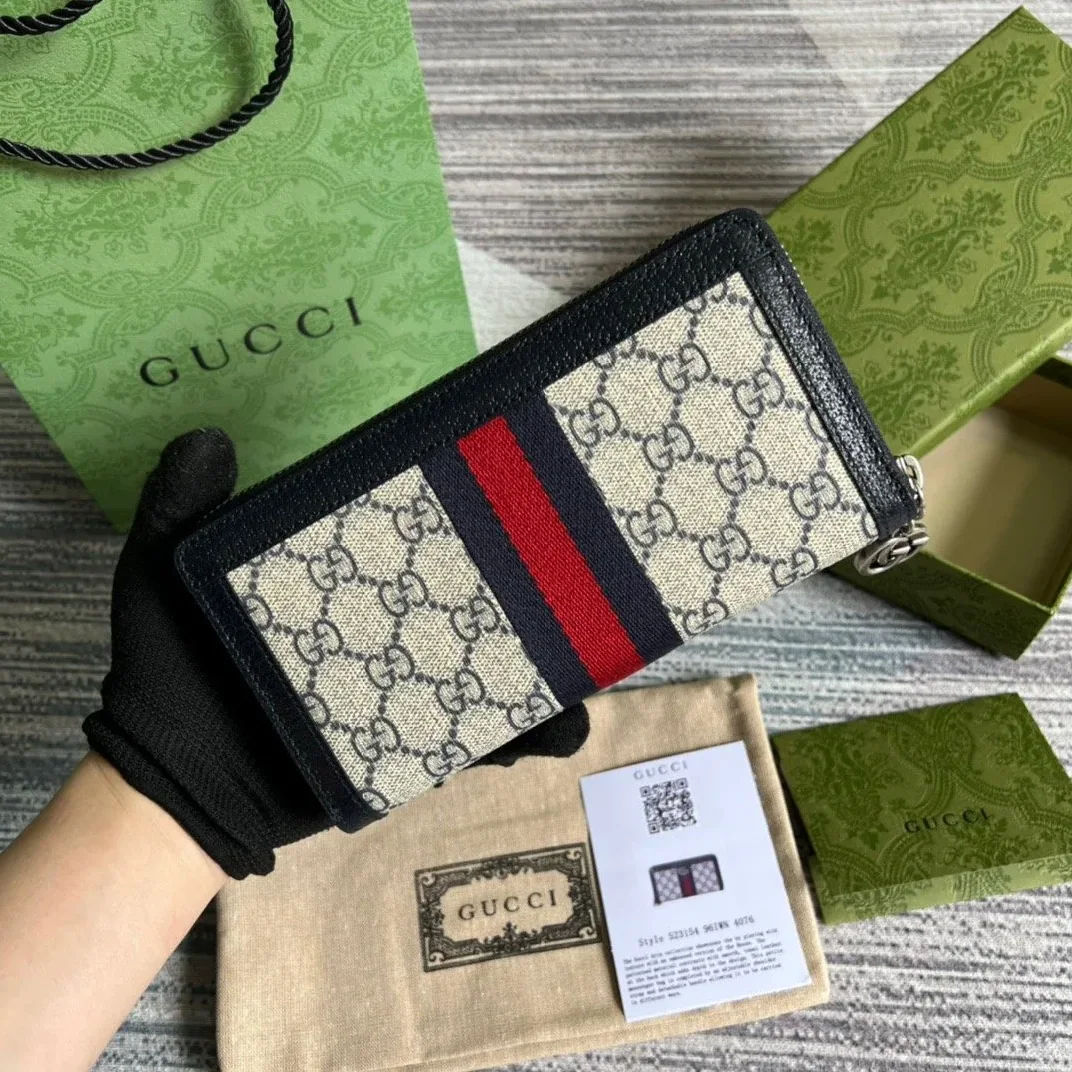 Gucci Ophidia GG Zip-Around Wallet in Beige with Red and Dark Blue Stripes and Silver Hardware , /
