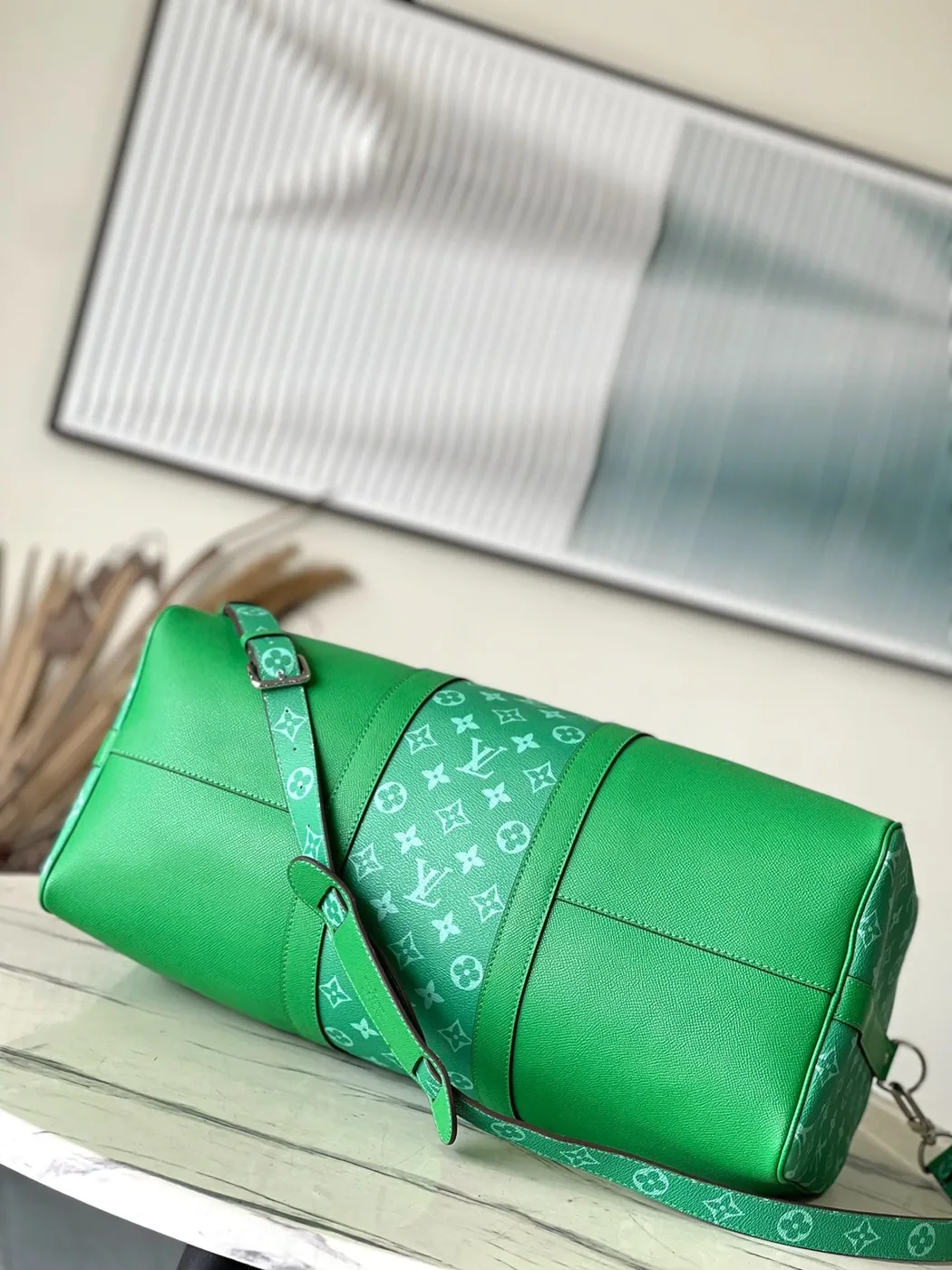 Louis Vuitton Keepall Bandouliere 45 Travel Bag in Green Silver Hardware