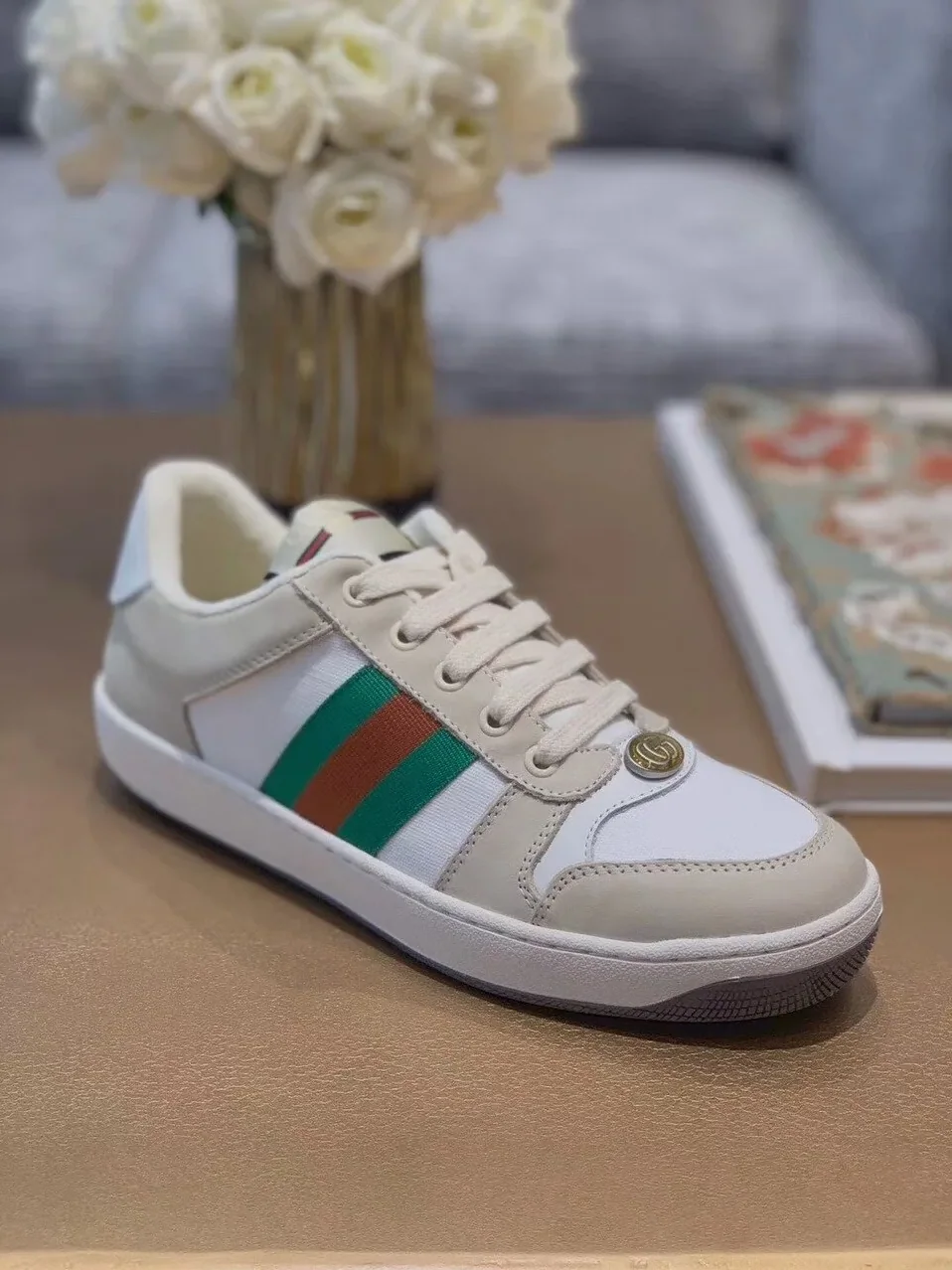 Gucci Screener Sneaker With Web Beige for Women in White Gucci Screener Sneaker With Web Beige for Women in White