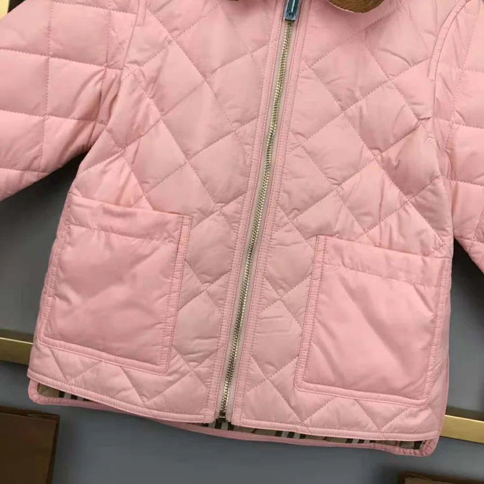 Burberry Girls' Corduroy Collar Diamond Quilted Jacket in Pink Burberry Girls' Corduroy Collar Diamond Quilted Jacket in Pink