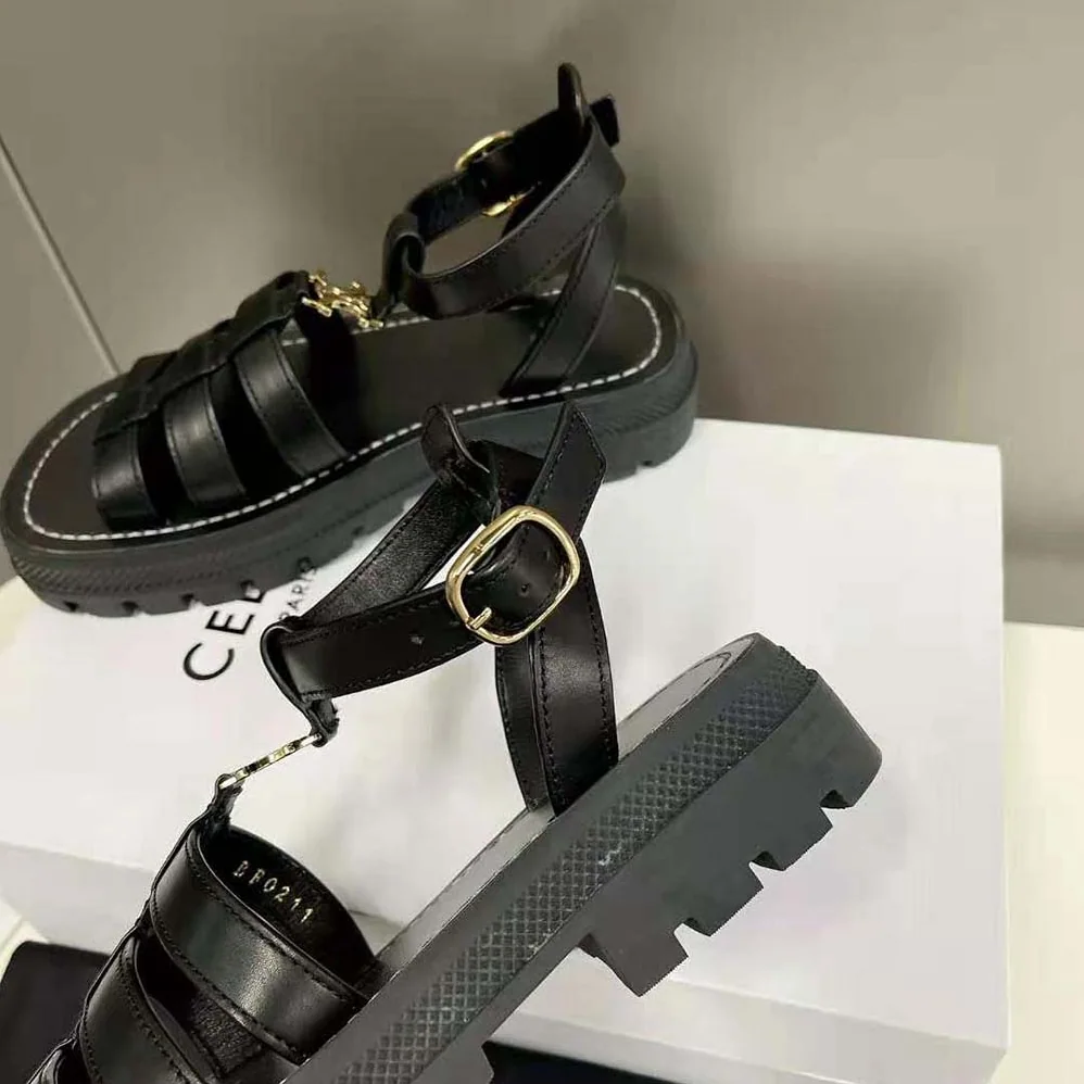 Celine Clea Triomphe Gladiator Chunky Sandal in Vegetal Calfskin for Women in Black Celine Clea Triomphe Gladiator Chunky Sandal in Vegetal Calfskin for Women in Black