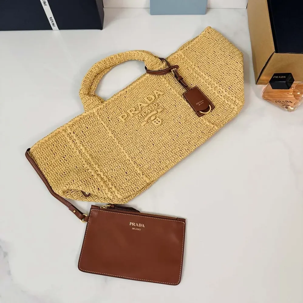 Prada Large Crochet Tote Bag with Leather Details for Women in Natural Prada Large Crochet Tote Bag with Leather Details for Women in Natural