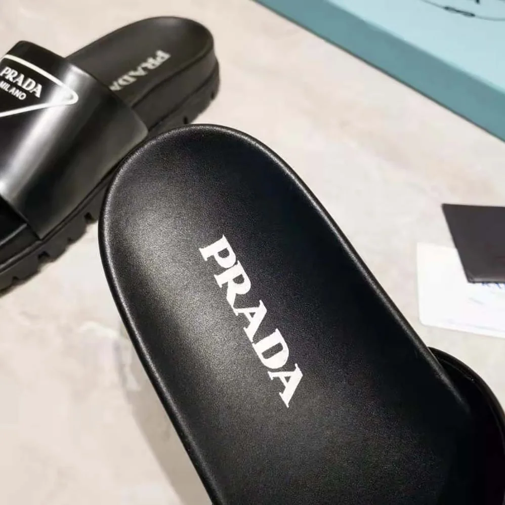 Prada Leather Slides in 20mm Heel for Women in Black Prada Leather Slides in 20mm Heel for Women in Black