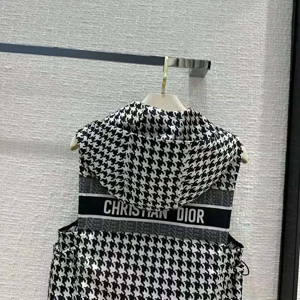 Dior Hooded Sleeveless Vest Black and White Technical Taffeta Jacquard with Macro Houndstooth Motif for Women