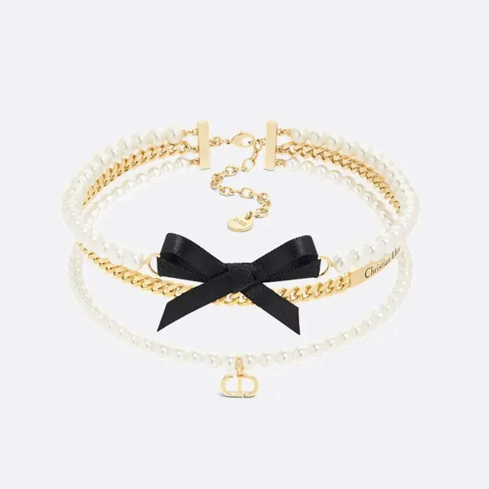 Dior Le Nœud de Dior Choker Gold-Finish Metal with White Resin Pearls and Black Satin for Women Dior Le Nœud de Dior Choker Gold-Finish Metal with White Resin Pearls and Black Satin for Women